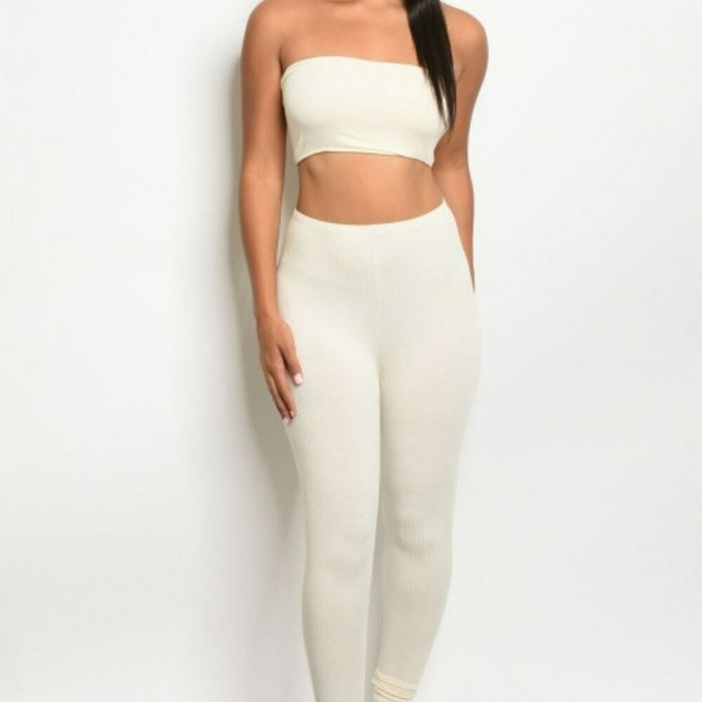 New Ivory White Stretchy Soft Layering Bandeau Tube Top & Leggings Pants Set M